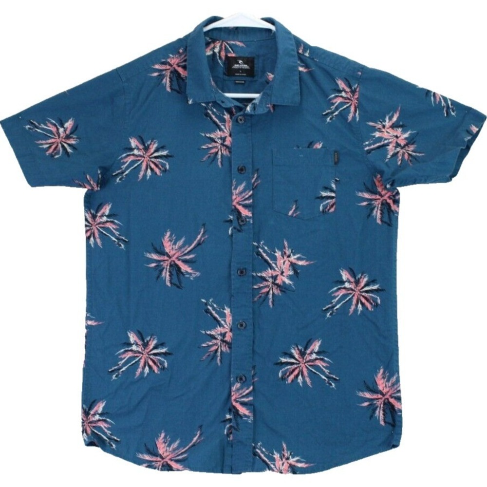 Rip Curl Men's Blue Palm Tree Print Short Sleeve Button Up Shirt Size‎ L